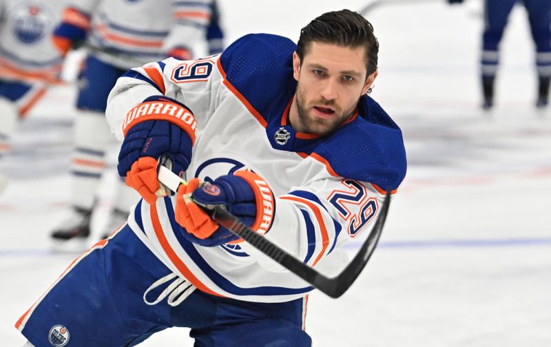 Mar 23, 2024; Toronto, Ontario, CAN;  Edmontono Oilers forward Leon Draisaitl (29) warms up before playing the Toronto Maple Leafs at Scotiabank Arena. Mandatory Credit: Dan Hamilton-USA TODAY Sports