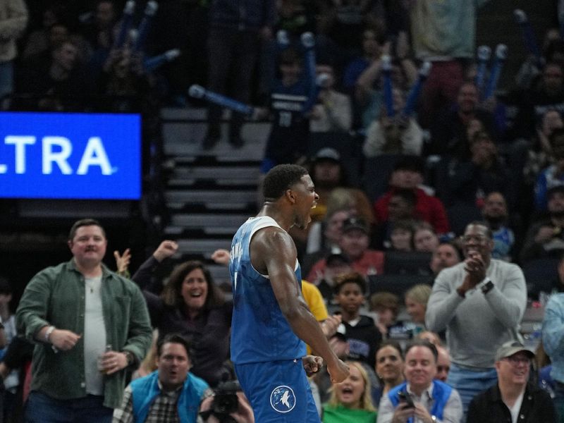 MINNEAPOLIS, MN -  APRIL 9: Anthony Edwards #5 of the Minnesota Timberwolves celebrates during the game against the Washington Wizards on April 9, 2024 at Target Center in Minneapolis, Minnesota. NOTE TO USER: User expressly acknowledges and agrees that, by downloading and or using this Photograph, user is consenting to the terms and conditions of the Getty Images License Agreement. Mandatory Copyright Notice: Copyright 2024 NBAE (Photo by Jordan Johnson/NBAE via Getty Images)