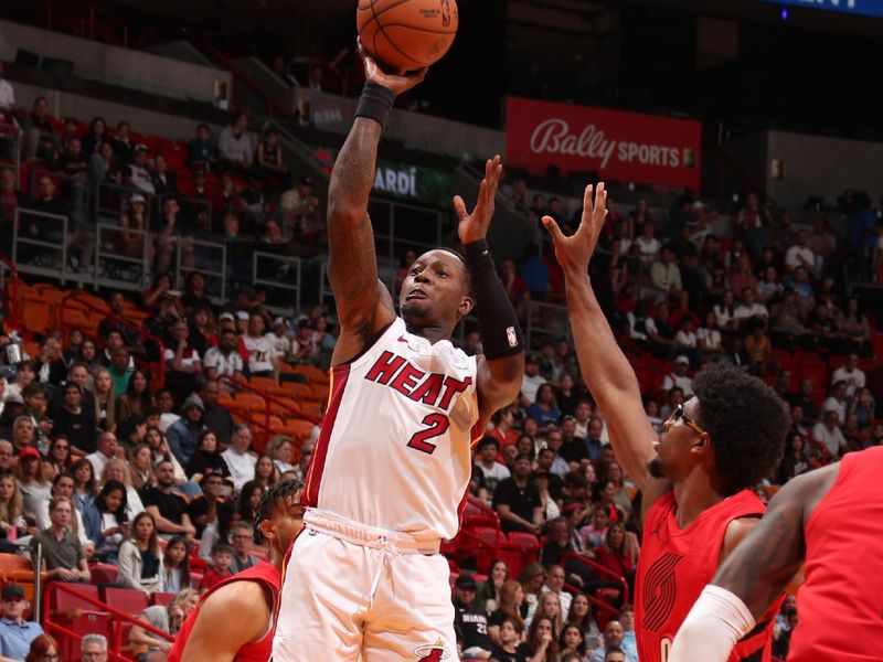 MIAMI, FL - MARCH 29: Terry Rozier #2 of the Miami Heat drives to the basket during the game against the Portland Trail Blazers on March 29, 2024 at Kaseya Center in Miami, Florida. NOTE TO USER: User expressly acknowledges and agrees that, by downloading and or using this Photograph, user is consenting to the terms and conditions of the Getty Images License Agreement. Mandatory Copyright Notice: Copyright 2024 NBAE (Photo by Issac Baldizon/NBAE via Getty Images)