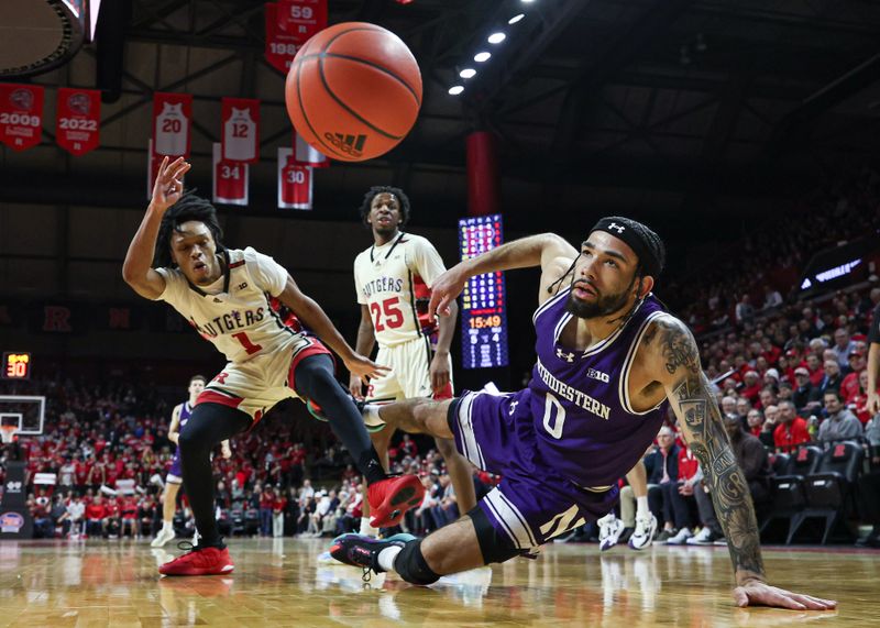 Feb 15, 2024; Piscataway, New Jersey, USA; Northwestern Wildcats guard Boo Buie (0) battles for a loose ball against Rutgers Scarlet Knights guard Jamichael Davis (1) and guard Jeremiah Williams (25) during the first half at Jersey Mike's Arena. Mandatory Credit: Vincent Carchietta-USA TODAY Sports