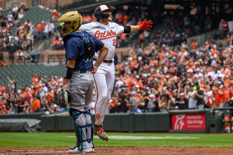 May 19, 2024; Baltimore, Maryland, USA; Baltimore Orioles shortstop Gunnar Henderson (2) celebrates after hitting a home run during the first inning against the Seattle Mariners at Oriole Park at Camden Yards. Mandatory Credit: Reggie Hildred-USA TODAY Sports