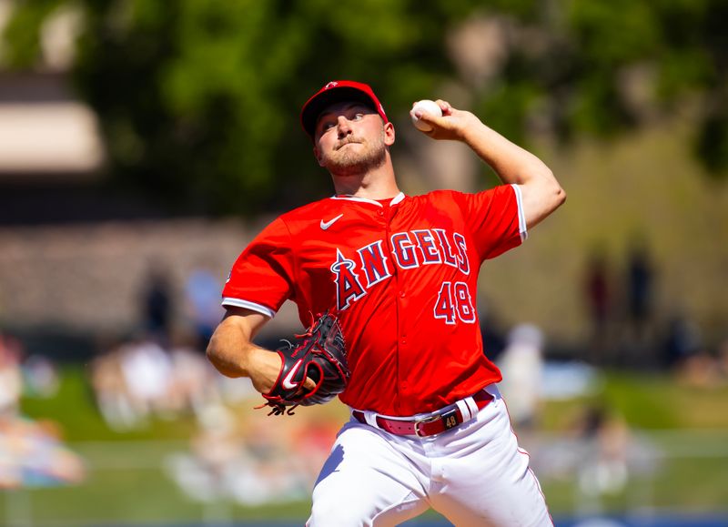 Mar 19, 2024; Tempe, Arizona, USA; Los Angeles Angels pitcher Reid Detmers against the Cincinnati Reds during a spring training game at Tempe Diablo Stadium. Mandatory Credit: Mark J. Rebilas-USA TODAY Sports