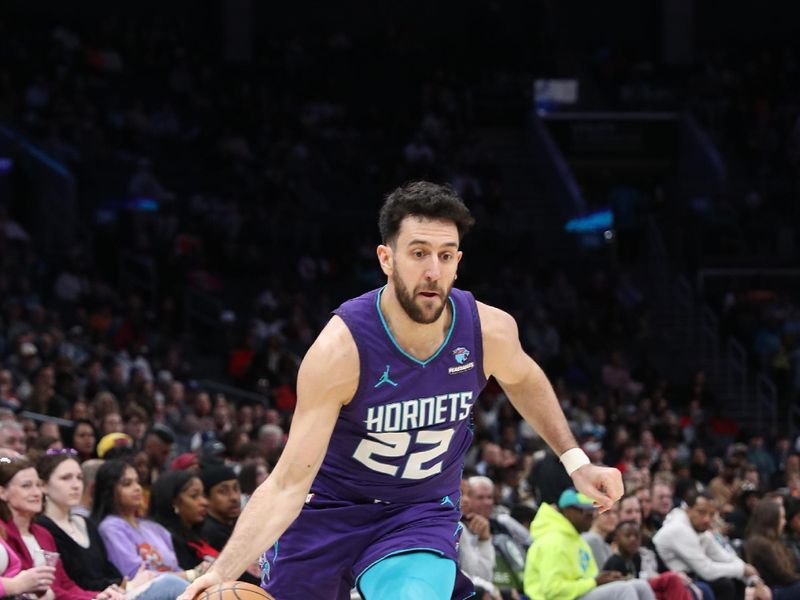 CHARLOTTE, NC - FEBRUARY 14: Vasilije Micic #22 of the Charlotte Hornets handles the ball during the game against the Atlanta Hawks on February 14, 2024 at Spectrum Center in Charlotte, North Carolina. NOTE TO USER: User expressly acknowledges and agrees that, by downloading and or using this photograph, User is consenting to the terms and conditions of the Getty Images License Agreement.  Mandatory Copyright Notice:  Copyright 2024 NBAE (Photo by Brock Williams-Smith/NBAE via Getty Images)