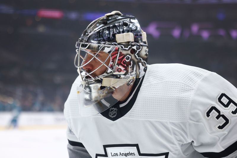 Dec 27, 2023; Los Angeles, California, USA; Los Angeles Kings goaltender Cam Talbot (39) looks on before a game against the San Jose Sharks at Crypto.com Arena. Mandatory Credit: Jessica Alcheh-USA TODAY Sports