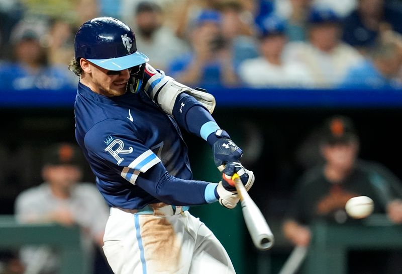 Sep 20, 2024; Kansas City, Missouri, USA; Kansas City Royals shortstop Bobby Witt Jr. (7) hits a single during the sixth inning against the San Francisco Giants at Kauffman Stadium. Mandatory Credit: Jay Biggerstaff-Imagn Images