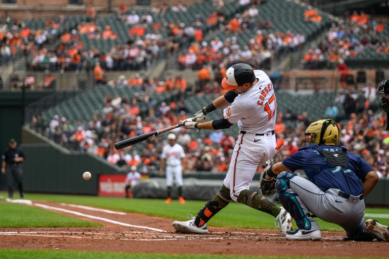 May 19, 2024; Baltimore, Maryland, USA; Baltimore Orioles outfielder Colton Cowser (17) hits a single during the first inning against the Seattle Mariners at Oriole Park at Camden Yards. Mandatory Credit: Reggie Hildred-USA TODAY Sports