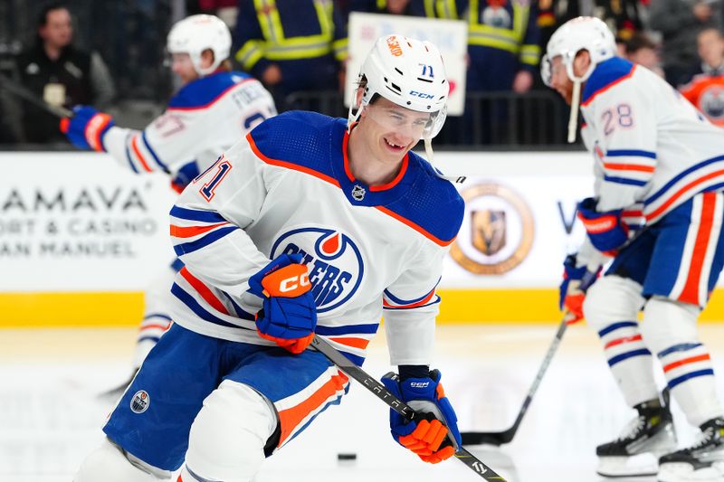 Feb 6, 2024; Las Vegas, Nevada, USA; Edmonton Oilers center Ryan McLeod (71) warms up before a game against the Vegas Golden Knights at T-Mobile Arena. Mandatory Credit: Stephen R. Sylvanie-USA TODAY Sports