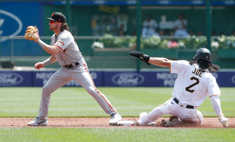 Jul 16, 2023; Pittsburgh, Pennsylvania, USA; Pittsburgh Pirates left fielder Connor Joe (2) arrives safely at second base as San Francisco Giants second baseman Brett Wisely (70) takes a alate throw during the first inning at PNC Park. Mandatory Credit: Charles LeClaire-USA TODAY Sports