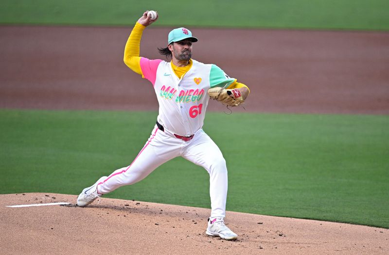 Jul 12, 2024; San Diego, California, USA; San Diego Padres starting pitcher Matt Waldron (61) pitches against the Atlanta Braves during the first inning at Petco Park. Mandatory Credit: Orlando Ramirez-USA TODAY Sports 