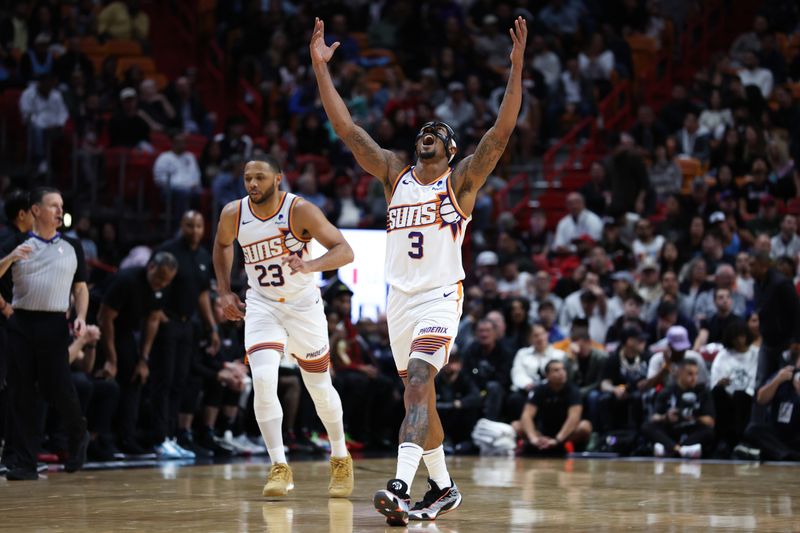 MIAMI, FLORIDA - JANUARY 29: Bradley Beal #3 of the Phoenix Suns reacts after making a basket against the Miami Heat during the fourth quarter of the game at Kaseya Center on January 29, 2024 in Miami, Florida. NOTE TO USER: User expressly acknowledges and agrees that, by downloading and or using this photograph, User is consenting to the terms and conditions of the Getty Images License Agreement. (Photo by Megan Briggs/Getty Images)