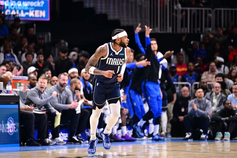 ATLANTA, GA - NOVEMBER 25: Jaden Hardy #1 of the Dallas Mavericks celebrates during the game against the Atlanta Hawks on November 25, 2024 at State Farm Arena in Atlanta, Georgia.  NOTE TO USER: User expressly acknowledges and agrees that, by downloading and/or using this Photograph, user is consenting to the terms and conditions of the Getty Images License Agreement. Mandatory Copyright Notice: Copyright 2024 NBAE (Photo by Adam Hagy/NBAE via Getty Images)