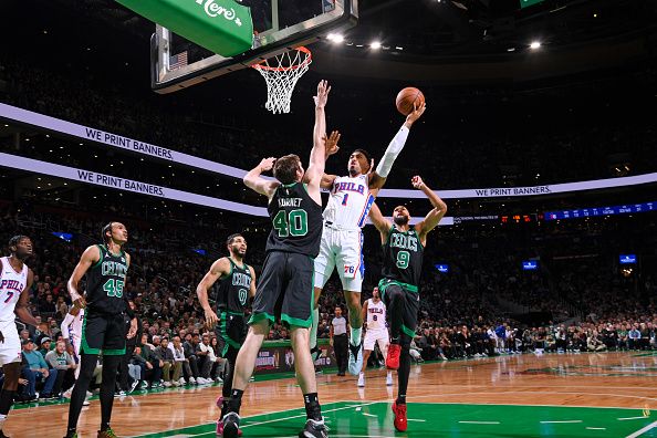 BOSTON, MA - DECEMBER 1: Kenyon Martin Jr. #1 of the Philadelphia 76ers drives to the basket during the game against the Boston Celtics on December 1, 2023 at the TD Garden in Boston, Massachusetts. NOTE TO USER: User expressly acknowledges and agrees that, by downloading and or using this photograph, User is consenting to the terms and conditions of the Getty Images License Agreement. Mandatory Copyright Notice: Copyright 2023 NBAE  (Photo by Brian Babineau/NBAE via Getty Images)