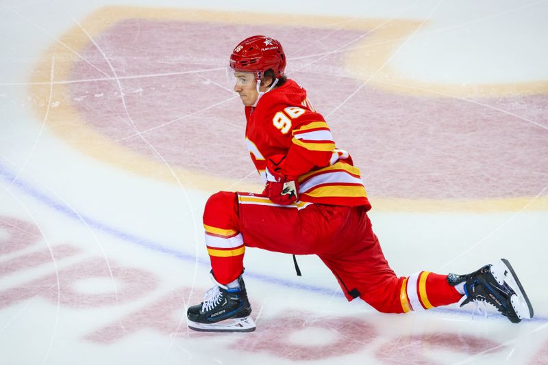 Feb 17, 2024; Calgary, Alberta, CAN; Calgary Flames left wing Andrei Kuzmenko (96) during the warmup period against the Detroit Red Wings at Scotiabank Saddledome. Mandatory Credit: Sergei Belski-USA TODAY Sports