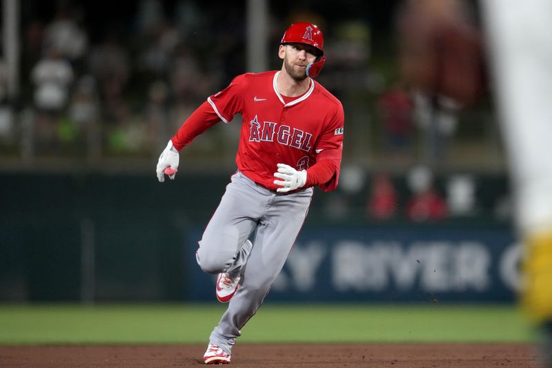 May 21, 2025; West Sacramento, Los Angeles Angels left fielder Taylor Ward (3) runs toward third base after hitting a triple against the Athletics in the eighth inning at Sutter Health Park. Mandatory Credit: Cary Edmondson-Imagn Images