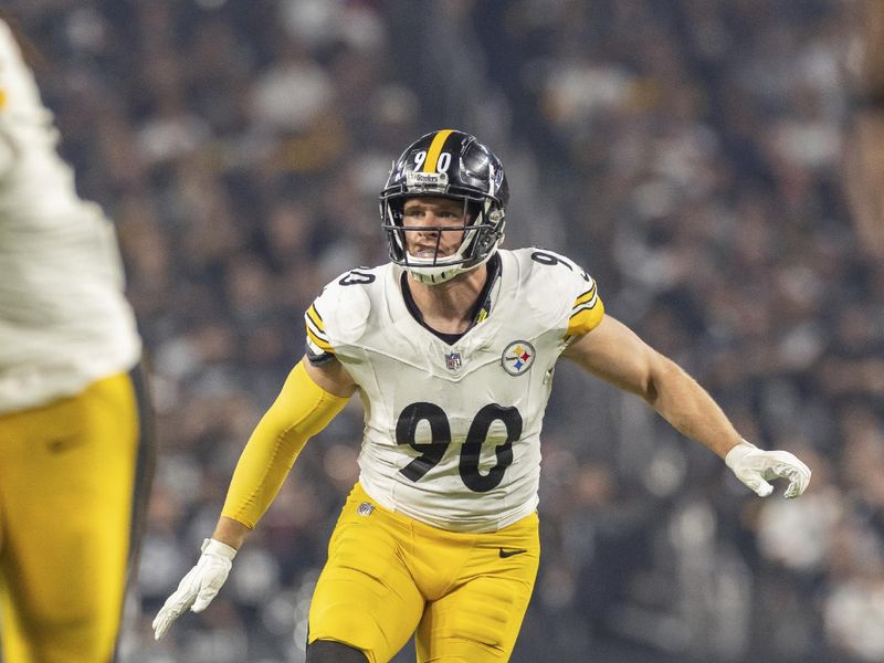 Pittsburgh Steelers linebacker T.J. Watt (90) against the Las Vegas Raiders in an NFL football game, Sunday, Sept. 24, 2023, in Las Vegas, NV. Steelers won 23-18. (AP Photo/Jeff Lewis)