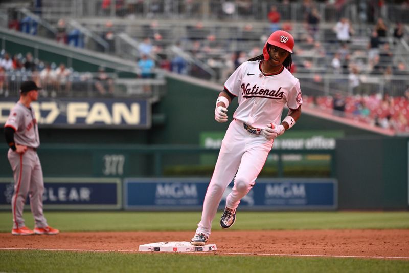 Aug 6, 2024; Washington, District of Columbia, USA; Washington Nationals shortstop CJ Abrams (5) rounds third base after hitting a three run home run against the San Francisco Giants during the second inning at Nationals Park. Mandatory Credit: Rafael Suanes-USA TODAY Sports