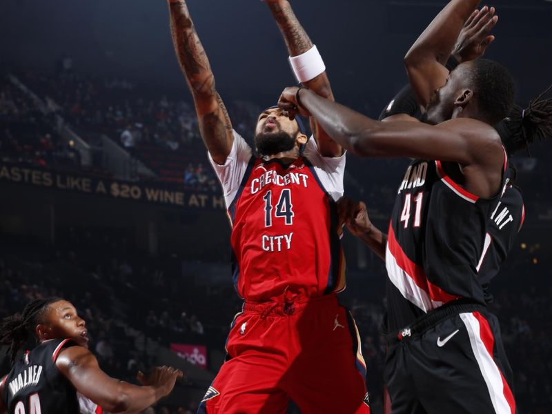 PORTLAND, OR - FEBRUARY 10: Brandon Ingram #14 of the New Orleans Pelicans drives to the basket during the game against the Portland Trail Blazers on February 10, 2024 at the Moda Center Arena in Portland, Oregon. NOTE TO USER: User expressly acknowledges and agrees that, by downloading and or using this photograph, user is consenting to the terms and conditions of the Getty Images License Agreement. Mandatory Copyright Notice: Copyright 2024 NBAE (Photo by Cameron Browne/NBAE via Getty Images)