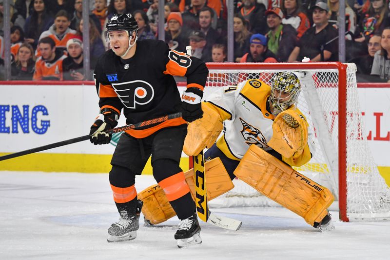 Dec 21, 2023; Philadelphia, Pennsylvania, USA; Philadelphia Flyers right wing Cam Atkinson (89) screens Nashville Predators goaltender Juuse Saros (74) during the second period at Wells Fargo Center. Mandatory Credit: Eric Hartline-USA TODAY Sports