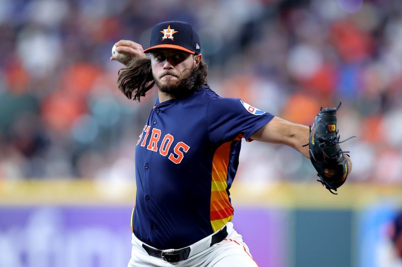 Jul 28, 2024; Houston, Texas, USA; Houston Astros starting pitcher Spencer Arrighetti (41) delivers a pitch against the Los Angeles Dodgers during the first inning at Minute Maid Park. Mandatory Credit: Erik Williams-USA TODAY Sports