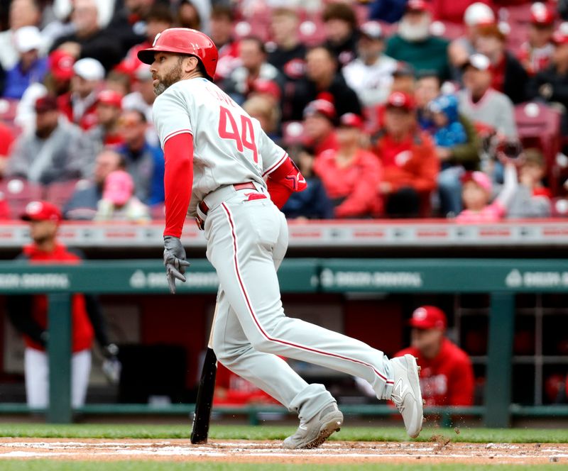 Apr 16, 2023; Cincinnati, Ohio, USA; Philadelphia Phillies right fielder Jake Cave watches hitting a three-run double against the Cincinnati Reds during the first inning at Great American Ball Park. Mandatory Credit: David Kohl-USA TODAY Sports