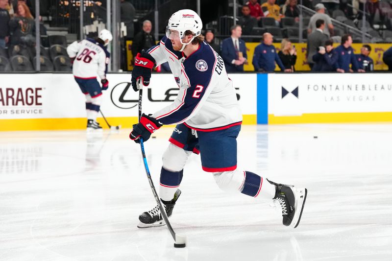 Jan 30, 2025; Las Vegas, Nevada, USA; Columbus Blue Jackets defenseman Jake Christiansen (2) warms up before a game against the Vegas Golden Knights at T-Mobile Arena. Mandatory Credit: Stephen R. Sylvanie-Imagn Images