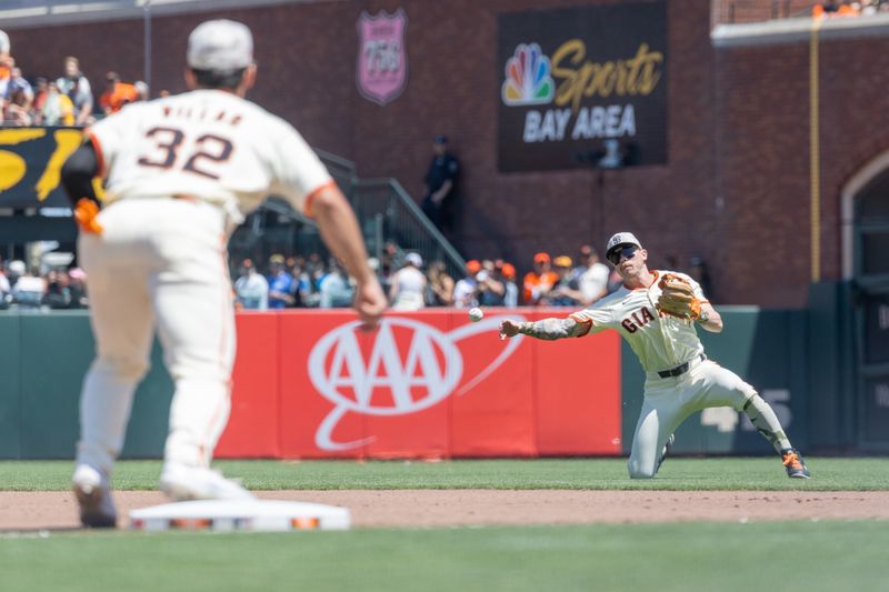 May 18, 2025; San Francisco, California, USA; San Francisco Giants second base Christian Koss (50) throws to first for an out from the ground during the fourth inning against the Oakland Athletics at Oracle Park. Mandatory Credit: Bob Kupbens-Imagn Images