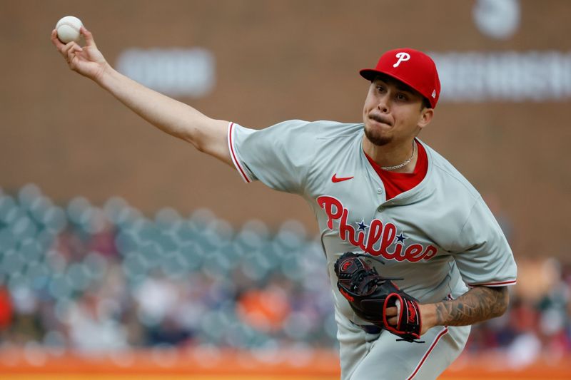 Jun 26, 2024; Detroit, Michigan, USA;  Philadelphia Phillies relief pitcher Orion Kerkering (50) throws against the Detroit Tigers in the seventh inning at Comerica Park. Mandatory Credit: Rick Osentoski-USA TODAY Sports