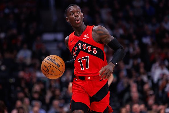 TORONTO, CANADA - NOVEMBER 19: Dennis Schroder #17 of the Toronto Raptors dribbles down the court against the Detroit Pistons during the first half of the game at Scotiabank Arena on November 19, 2023 in Toronto, Canada. NOTE TO USER: User expressly acknowledges and agrees that, by downloading and or using this photograph, User is consenting to the terms and conditions of the Getty Images License Agreement. (Photo by Cole Burston/Getty Images)