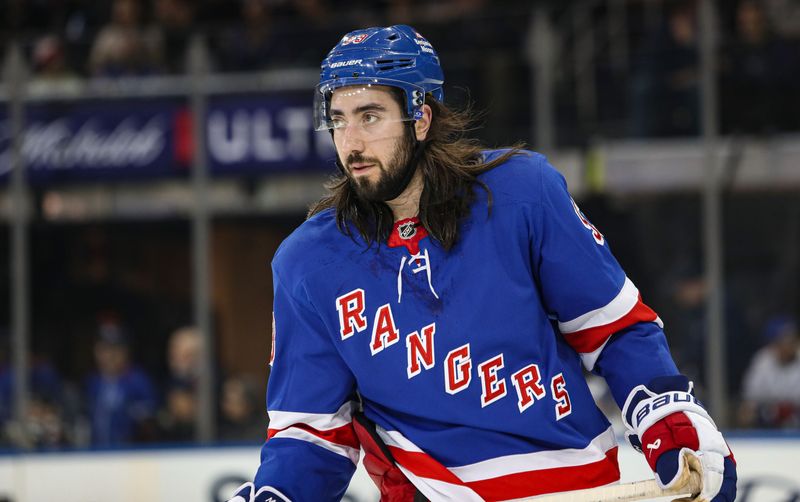 Jan 18, 2025; New York, New York, USA; New York Rangers center Mika Zibanejad (93) skates against the Columbus Blue Jackets during the first period at Madison Square Garden. Mandatory Credit: Danny Wild-Imagn Images