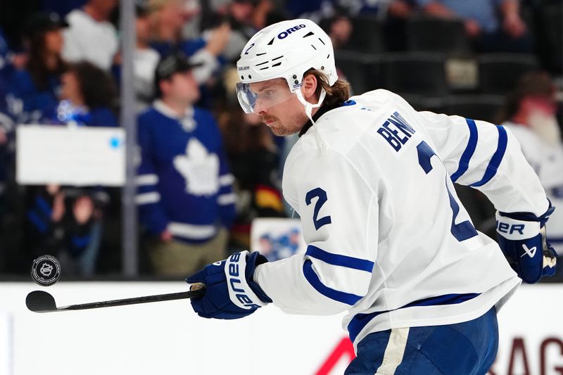 Mar 5, 2025; Las Vegas, Nevada, USA; Toronto Maple Leafs defenseman Simon Benoit (2) warms up before a game against the Vegas Golden Knights at T-Mobile Arena. Mandatory Credit: Stephen R. Sylvanie-Imagn Images