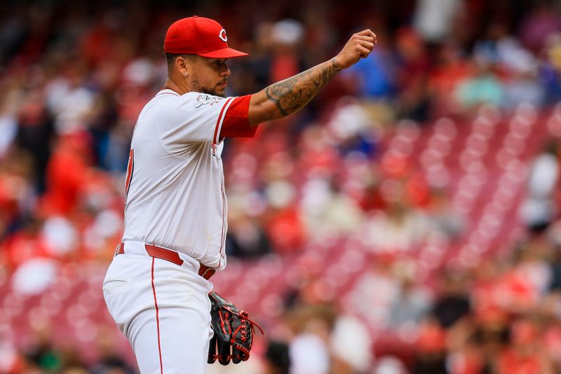 May 29, 2024; Cincinnati, Ohio, USA; Cincinnati Reds starting pitcher Frankie Montas (47) stands on the mound before the game against the St. Louis Cardinals at Great American Ball Park. Mandatory Credit: Katie Stratman-USA TODAY Sports