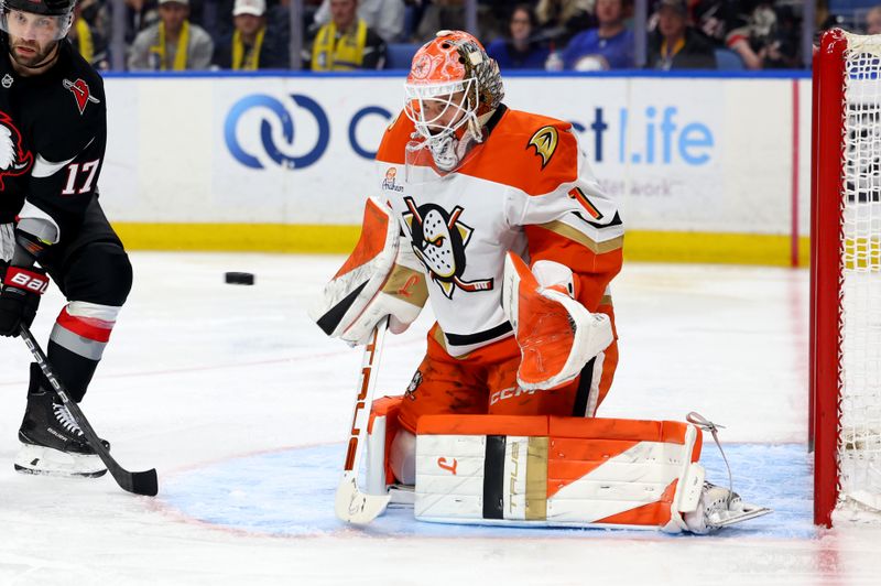 Jan 10, 2026; Buffalo, New York, USA;  Anaheim Ducks goaltender Lukas Dostal (1) makes a save during the second period against the Buffalo Sabres at KeyBank Center. Mandatory Credit: Timothy T. Ludwig-Imagn Images