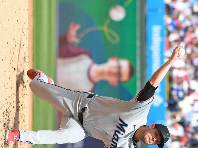 Apr 20, 2025; Philadelphia, Pennsylvania, USA; Miami Marlins pitcher Connor Gillispie (55) throws a pitch during the first inning against the Philadelphia Phillies at Citizens Bank Park. Mandatory Credit: Eric Hartline-Imagn Images