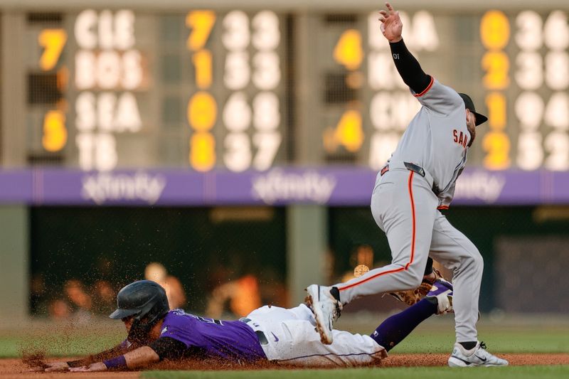 Sep 3, 2025; Denver, Colorado, USA; Colorado Rockies right fielder Tyler Freeman (2) is tagged out attempting to steal second against San Francisco Giants second baseman Casey Schmitt (10) in the first inning at Coors Field. Mandatory Credit: Isaiah J. Downing-Imagn Images