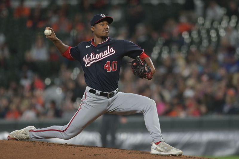 Sep 26, 2023; Baltimore, Maryland, USA; Washington Nationals starting pitcher Josiah Gray (40) throws a second inning pitch against the Baltimore Orioles  at Oriole Park at Camden Yards. Mandatory Credit: Tommy Gilligan-USA TODAY Sports