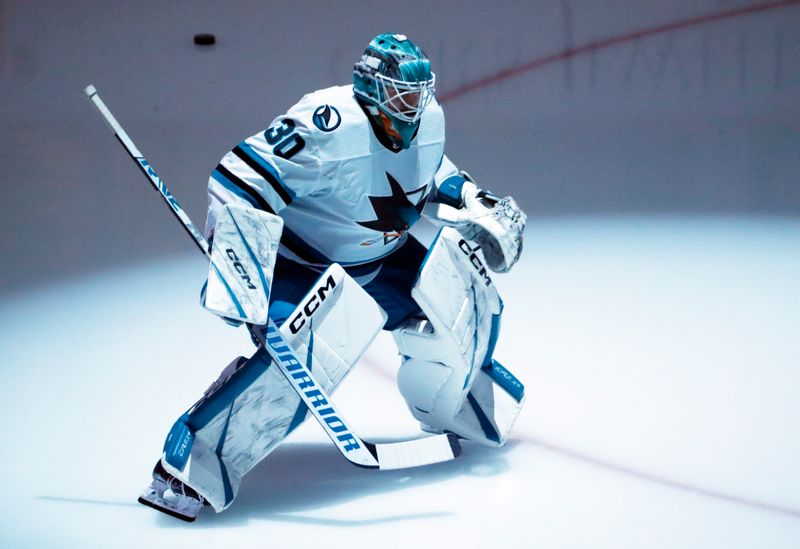 Mar 14, 2024; Pittsburgh, Pennsylvania, USA; San Jose Sharks goaltender Magnus Chrona (30) takes the ice to warm up against the Pittsburgh Penguins at PPG Paints Arena. Mandatory Credit: Charles LeClaire-USA TODAY Sports