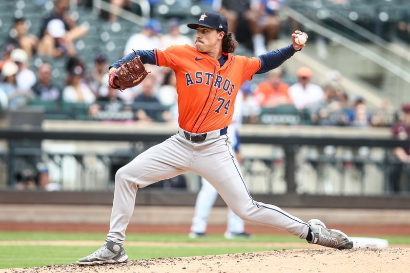Jun 30, 2024; New York City, New York, USA;  Houston Astros pitcher Bryan King (74) pitches in the fourth inning against the New York Mets at Citi Field. Mandatory Credit: Wendell Cruz-USA TODAY Sports