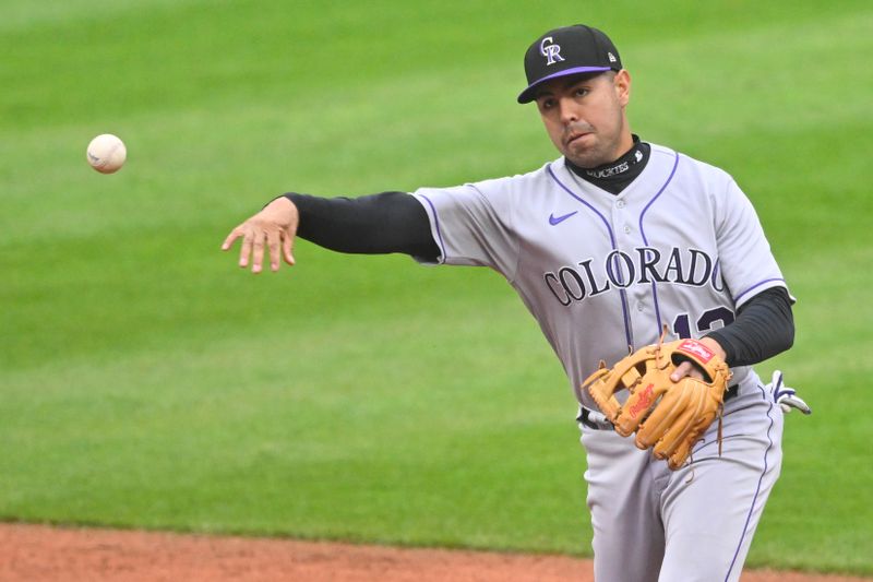 Apr 25, 2023; Cleveland, Ohio, USA; Colorado Rockies second baseman Alan Trejo (13) throws to first base during the second inning against the Cleveland Guardians at Progressive Field. Mandatory Credit: David Richard-USA TODAY Sports