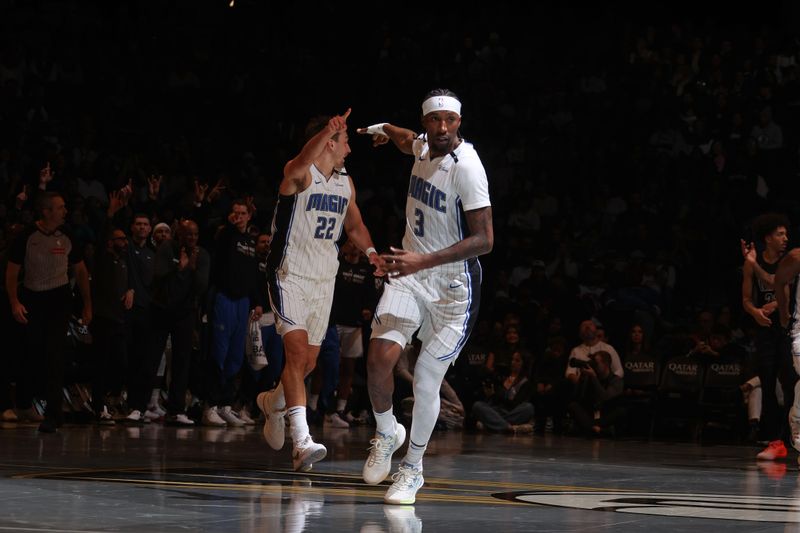 BROOKLYN, NY - NOVEMBER 29: Kentavious Caldwell-Pope #3 of the Orlando Magic celebrates during the game against the Brooklyn Nets during a Emirates NBA Cup game on October 22, 2024 at Barclays Center in Brooklyn, New York. NOTE TO USER: User expressly acknowledges and agrees that, by downloading and or using this Photograph, user is consenting to the terms and conditions of the Getty Images License Agreement. Mandatory Copyright Notice: Copyright 2024 NBAE (Photo by Nathaniel S. Butler/NBAE via Getty Images)