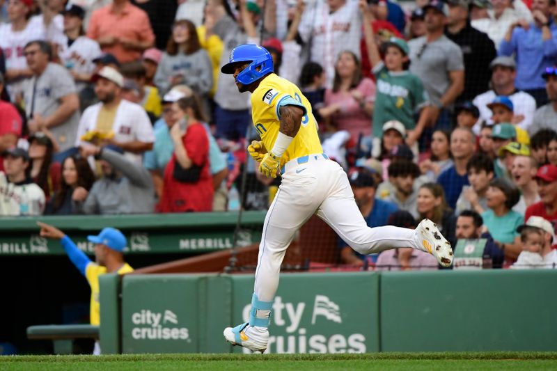 Jun 28, 2025; Boston, Massachusetts, USA;  Boston Red Sox center fielder Ceddanne Rafaela (3) rounds the bases after hitting a three-run home run during the sixth inning against the Toronto Blue Jays at Fenway Park. Mandatory Credit: Bob DeChiara-Imagn Images
