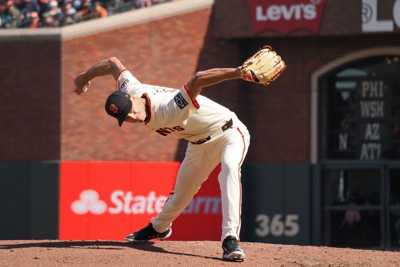 Apr 5, 2024; San Francisco, California, USA; San Francisco Giants relief pitcher Tyler Rogers (71) pitches the ball against the San Diego Padres during the eighth inning at Oracle Park. Mandatory Credit: Kelley L Cox-USA TODAY Sports