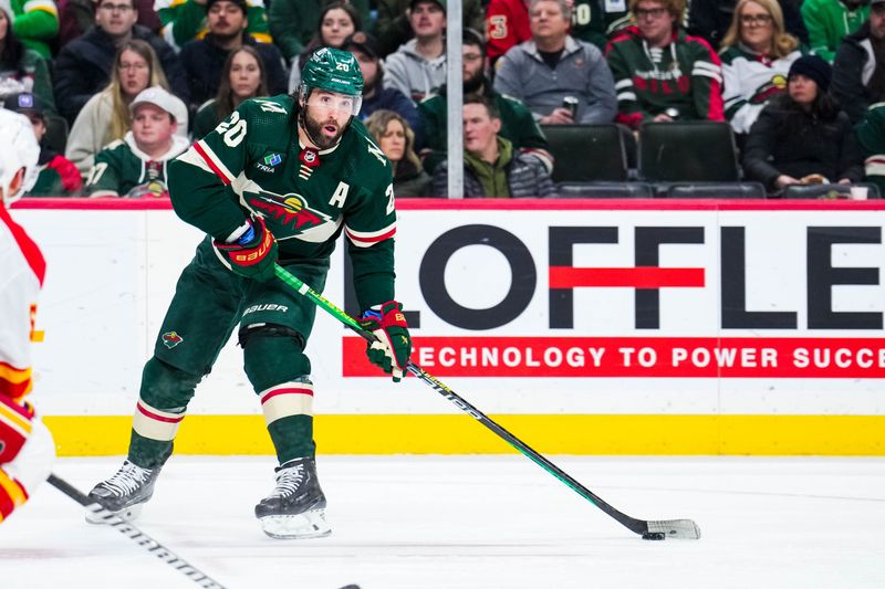 Jan 2, 2024; Saint Paul, Minnesota, USA; Minnesota Wild left wing Pat Maroon (20) passes during the second period against the Minnesota Wild at Xcel Energy Center. Mandatory Credit: Brace Hemmelgarn-USA TODAY Sports