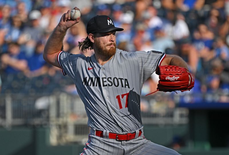 Jul 29, 2023; Kansas City, Missouri, USA;  Minnesota Twins starting pitcher Bailey Ober (17) delivers a pitch during the first inning against the Kansas City Royals at Kauffman Stadium. Mandatory Credit: Peter Aiken-USA TODAY Sports