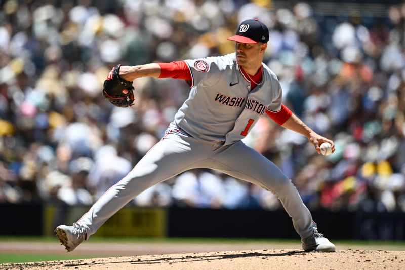 Jun 25, 2025; San Diego, California, USA; Washington Nationals starting pitcher MacKenzie Gore (1) delivers during the first inning against the against the San Diego Padres at Petco Park. Mandatory Credit: Denis Poroy-Imagn Images