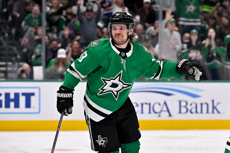 Feb 25, 2026; Dallas, Texas, USA;  Dallas Stars center Sam Steel (18) celebrates after he scores a goal against the Seattle Kraken during the second period at the American Airlines Center. Mandatory Credit: Jerome Miron-Imagn Images