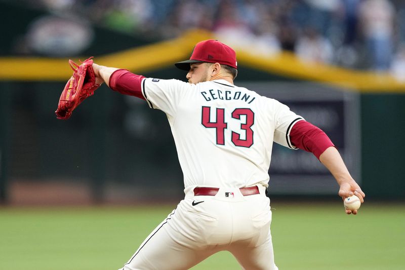 May 3, 2024; Phoenix, Arizona, USA; Arizona Diamondbacks pitcher Slade Cecconi (43) pitches against the San Diego Padres during the first inning at Chase Field. Mandatory Credit: Joe Camporeale-USA TODAY Sports