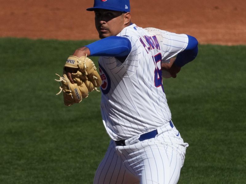 Feb 21, 2026; Mesa, Arizona, USA; Chicago Cubs pitcher Daniel Palencia (48) throws against the Texas Rangers in the third inning at Sloan Park. Mandatory Credit: Rick Scuteri-Imagn Images