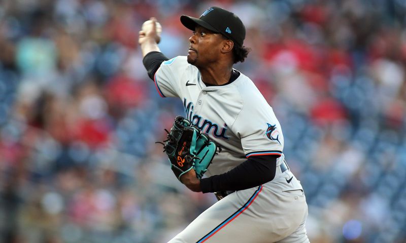 Sep 14, 2024; Washington, District of Columbia, USA; Miami Marlins pitcher George Soriano (62) delivers against the Washington Nationals during the eighth inning at Nationals Park. Mandatory Credit: Daniel Kucin Jr.-Imagn Images