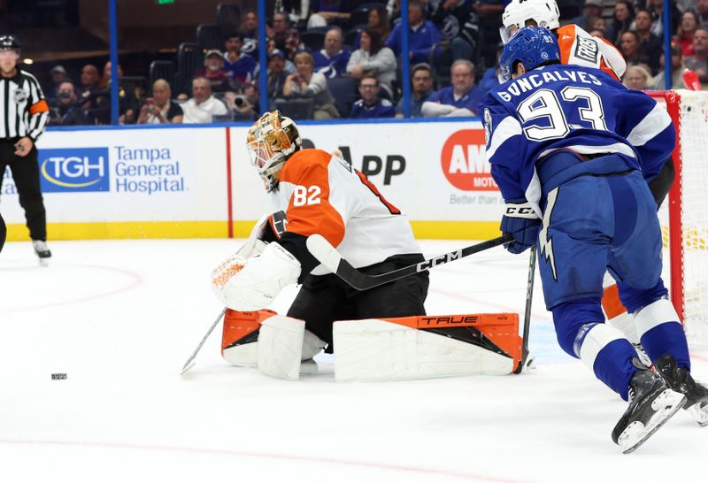 Nov 7, 2024; Tampa, Florida, USA; Philadelphia Flyers goaltender Ivan Fedotov (82) makes a save against the Tampa Bay Lightning during the first period at Amalie Arena. Mandatory Credit: Kim Klement Neitzel-Imagn Images