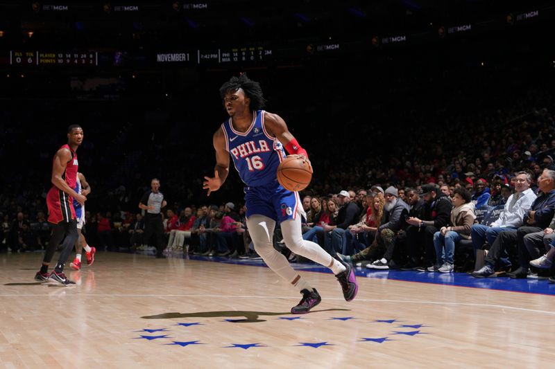 PHILADELPHIA, PA - FEBRUARY 14: Ricky Council IV #16 of the Philadelphia 76ers dribbles the ball during the game against the Miami Heat on February 14, 2024 at the Wells Fargo Center in Philadelphia, Pennsylvania NOTE TO USER: User expressly acknowledges and agrees that, by downloading and/or using this Photograph, user is consenting to the terms and conditions of the Getty Images License Agreement. Mandatory Copyright Notice: Copyright 2024 NBAE (Photo by Jesse D. Garrabrant/NBAE via Getty Images)